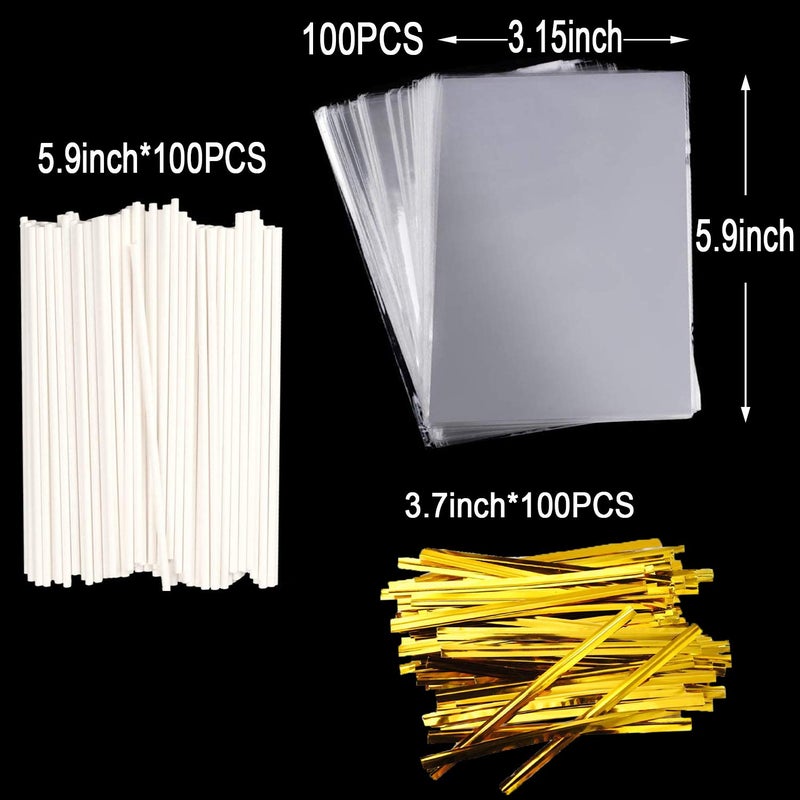 Repinsta 300PCS Lollipop Cake Pop Treat Bag Set Including 100pcs Parcel Bags, Papery Treat Sticks, Gold Metallic Twist Ties for Making Candies, Chocolates and Cookies - Image 2